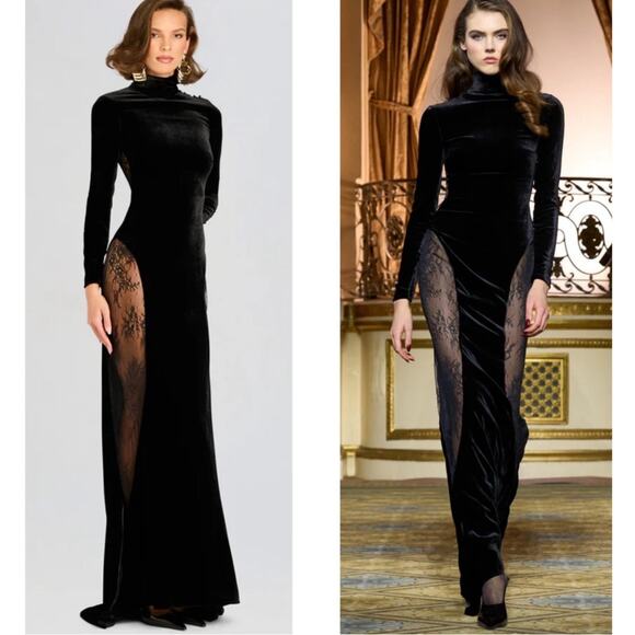 Retrofete Dresses & Skirts - Retrofete Amor Velvet Lace High Neck Sheer Long Sleeve Black Maxi Dress Size XS